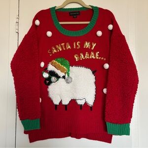 Santa Is My Baaae Women’s Funny Ugly Christmas Sweater in Red & Green (Size M)